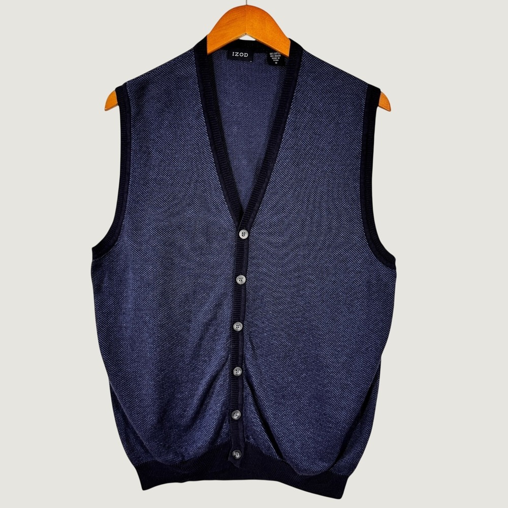 IZOD sweater vest‎ mens M blue cardigan button front knit preppy old money style